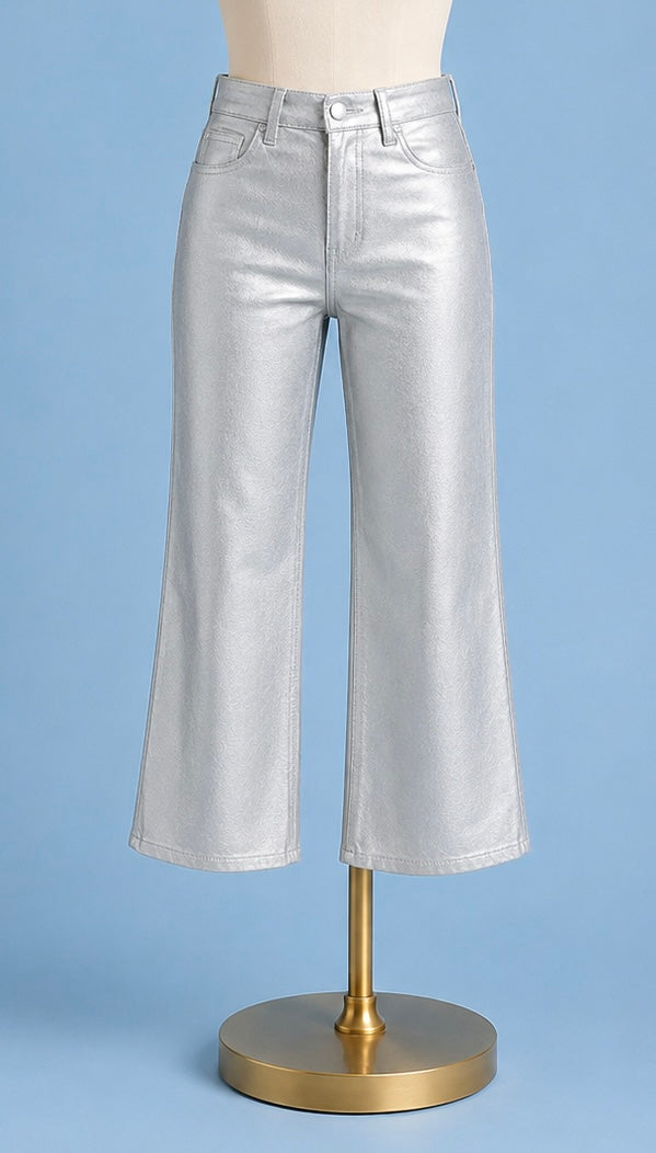Metallic Coated Wide Leg Coated Jean/ silver