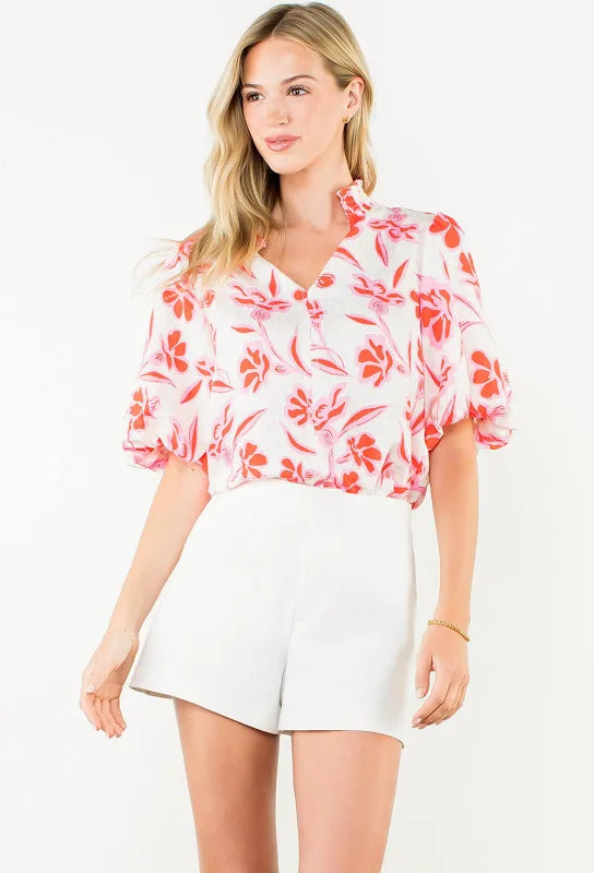 Puff sleeve v neck top/ pink