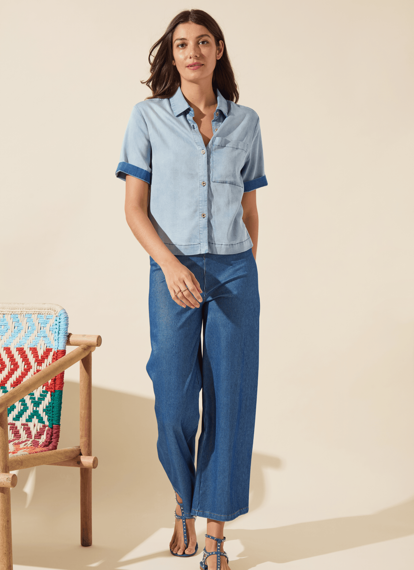 Erin Hi Waist wide leg denim/ mid wash sheen