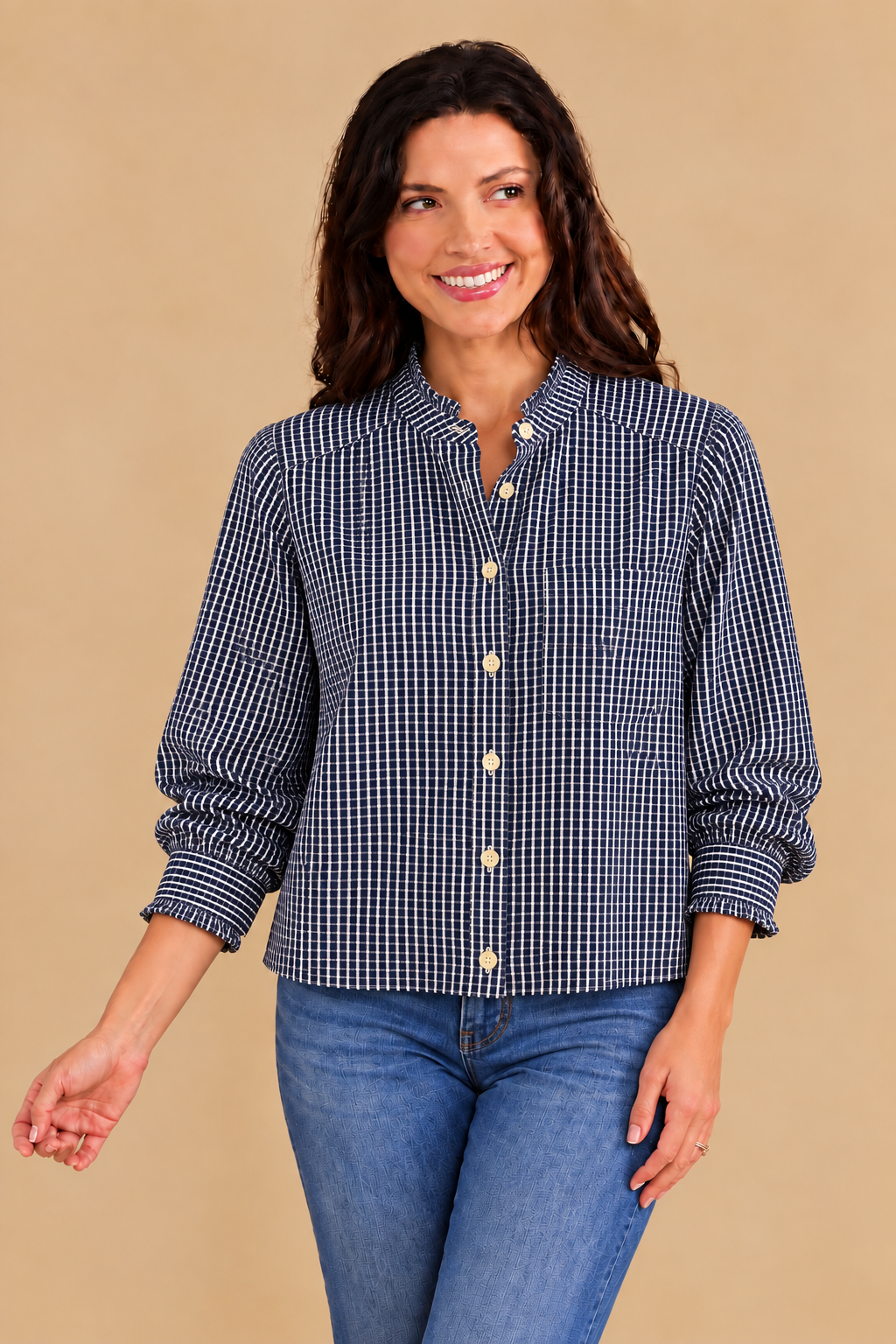 Cropped Shirt with Ruffle detail/ Midnight Gingham