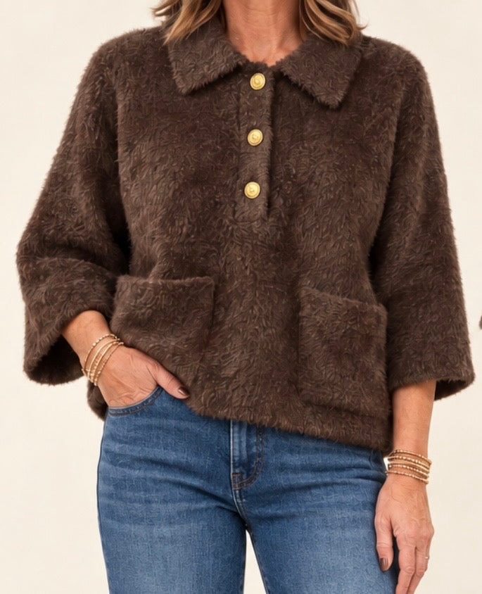 Fuzzy Pocket Polo Sweater/ Chocolate Brown