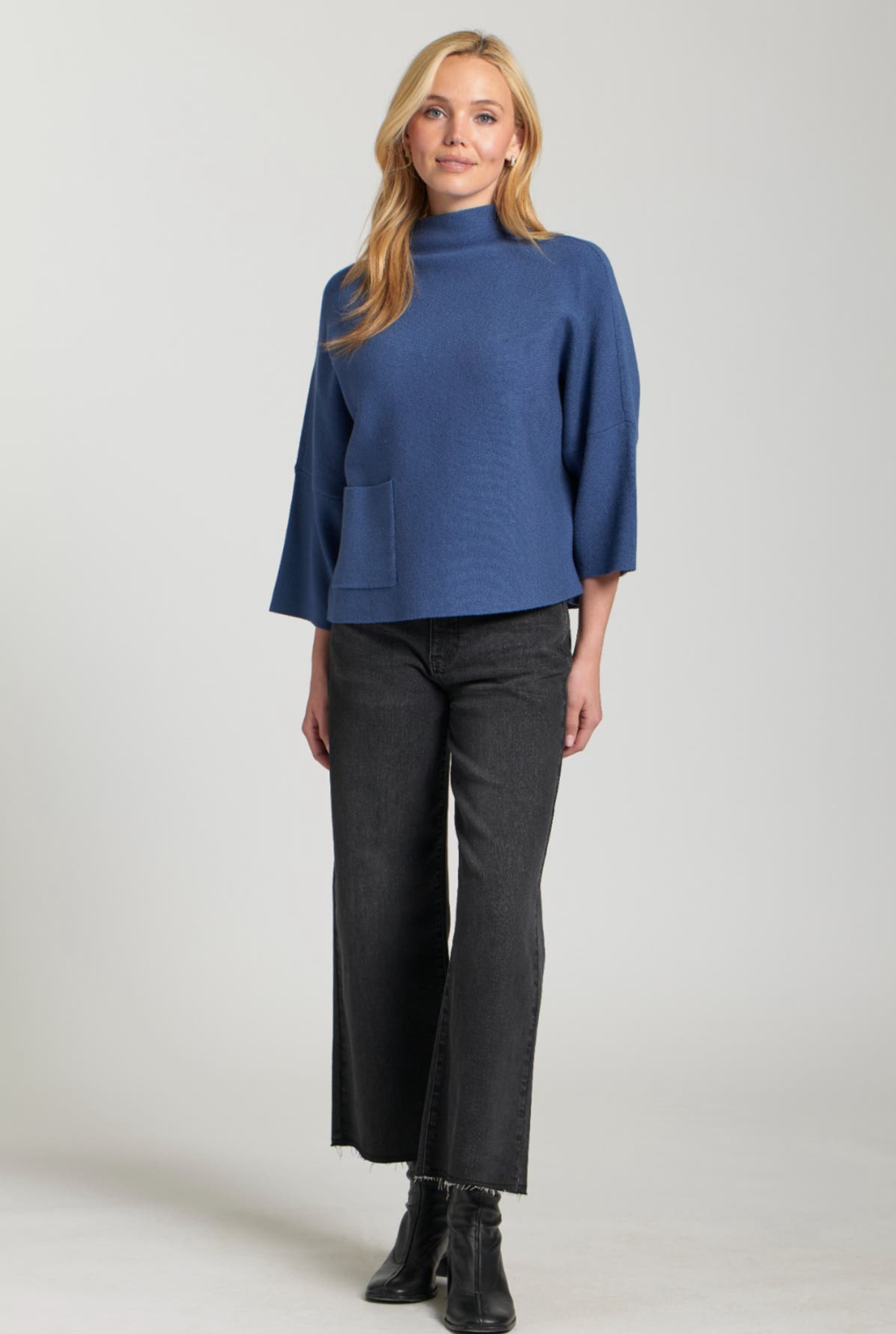 Funnel Neck Sweater with patch pocket/ Denim Blue