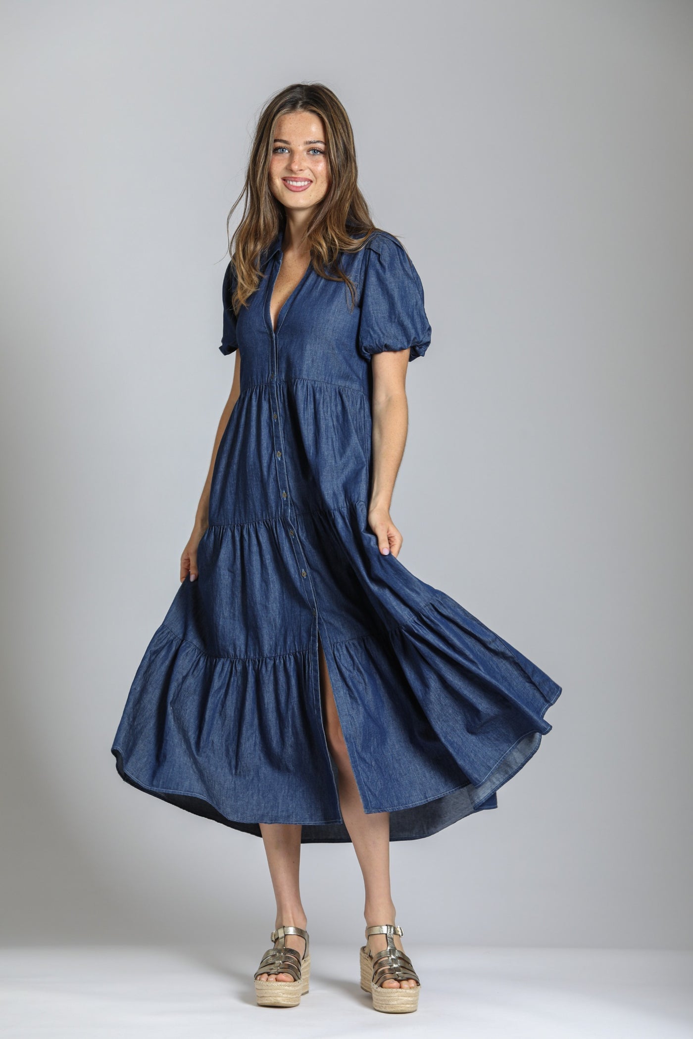 Long tiered dress/ denim