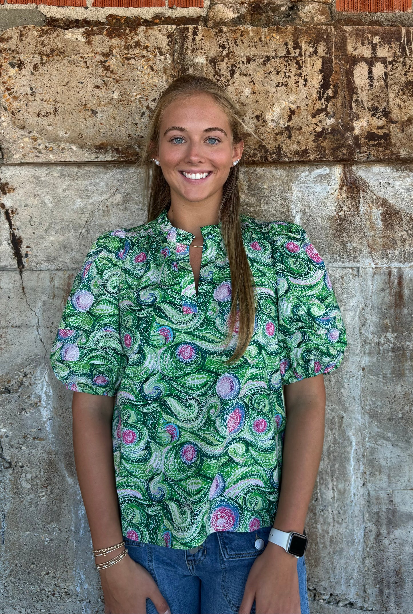 Jade Melody Tam Rollg Fields Puff Sleeve Placket Top