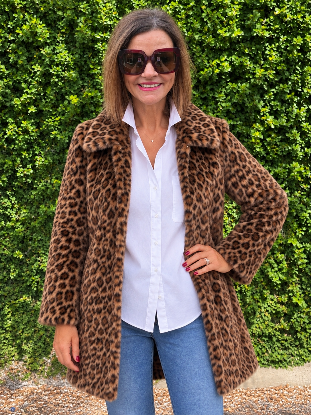 Collared Faux Fur Coat/ brown multi