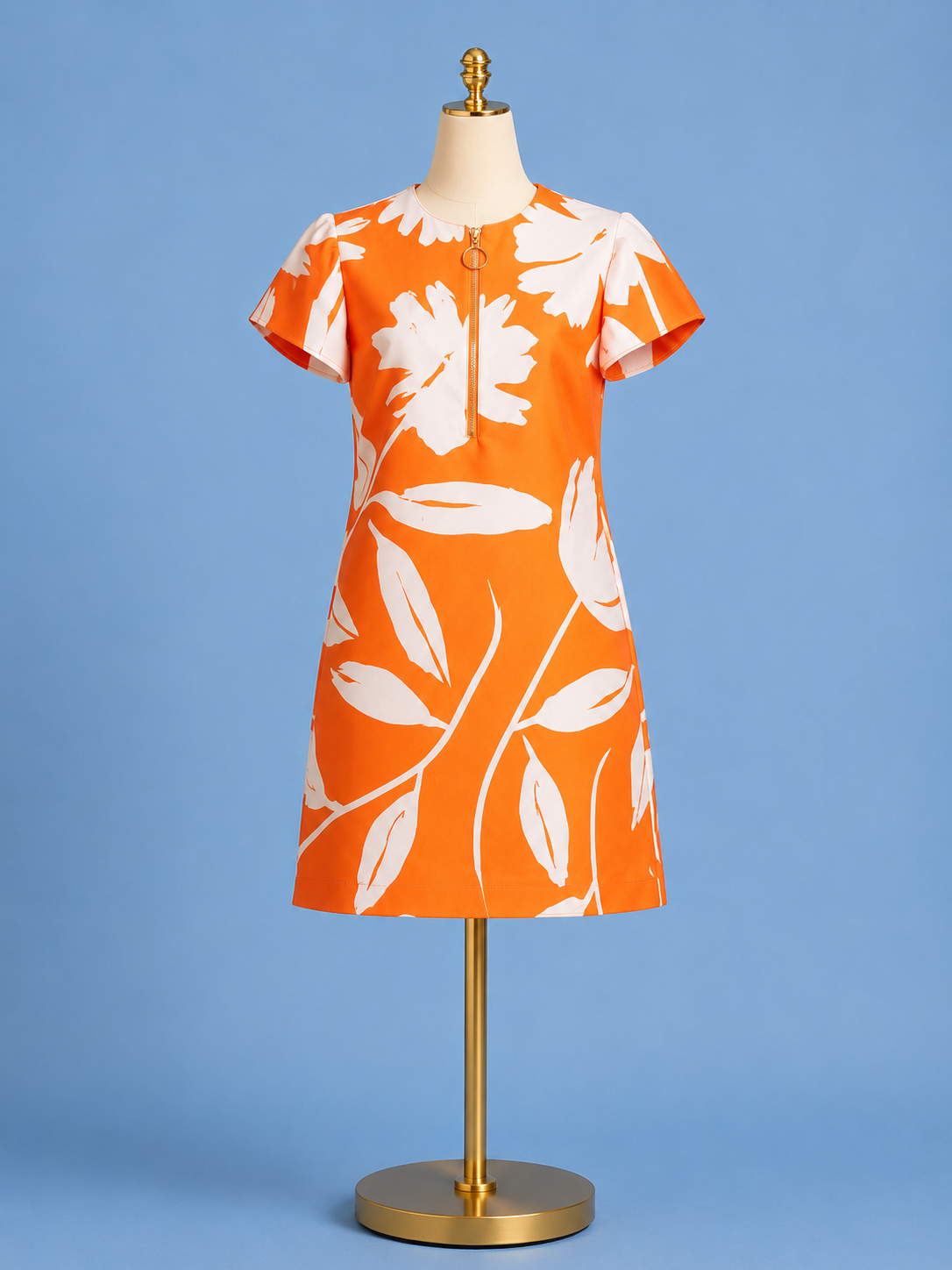Zipper Shift Dress/ Orange floral brocade