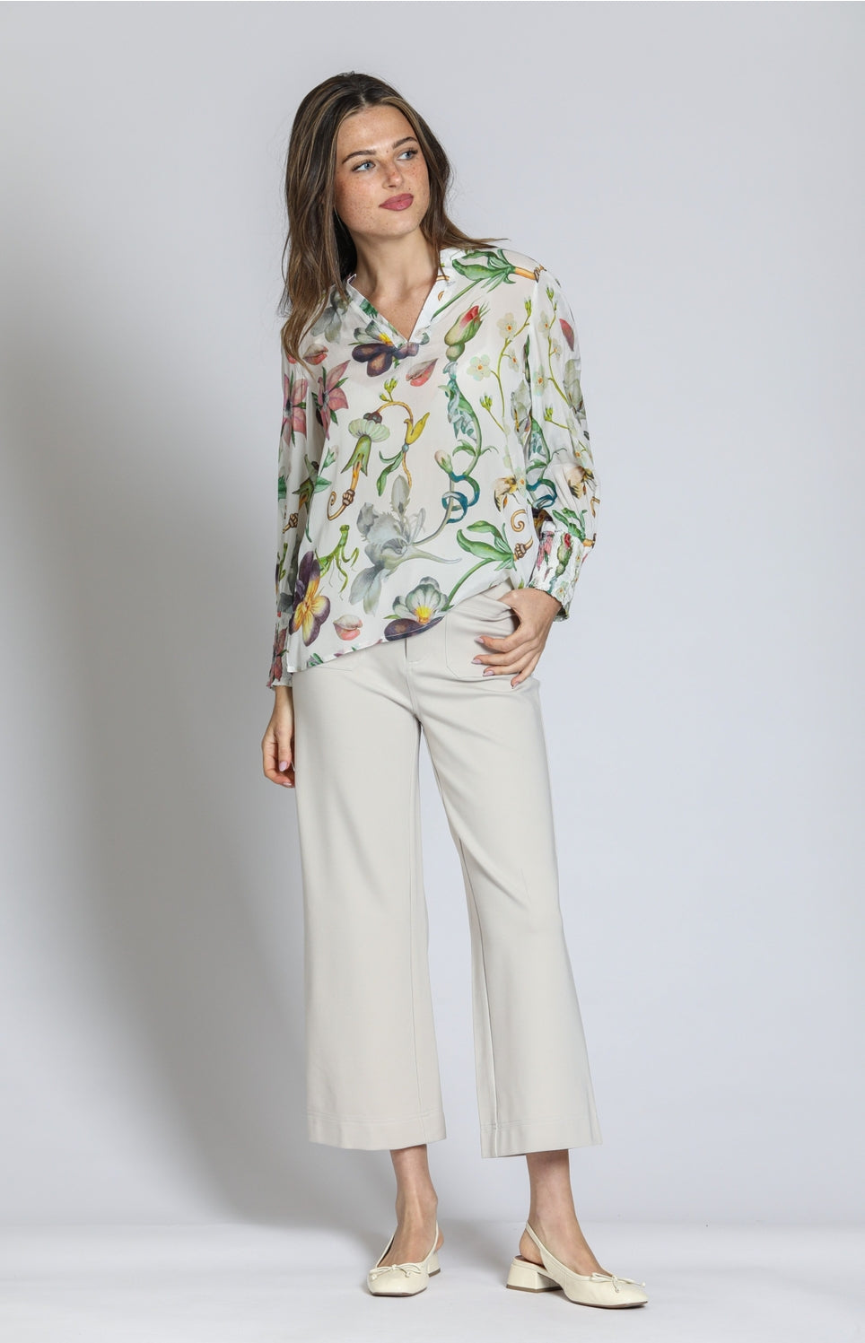 White multi top with smocked cuffs