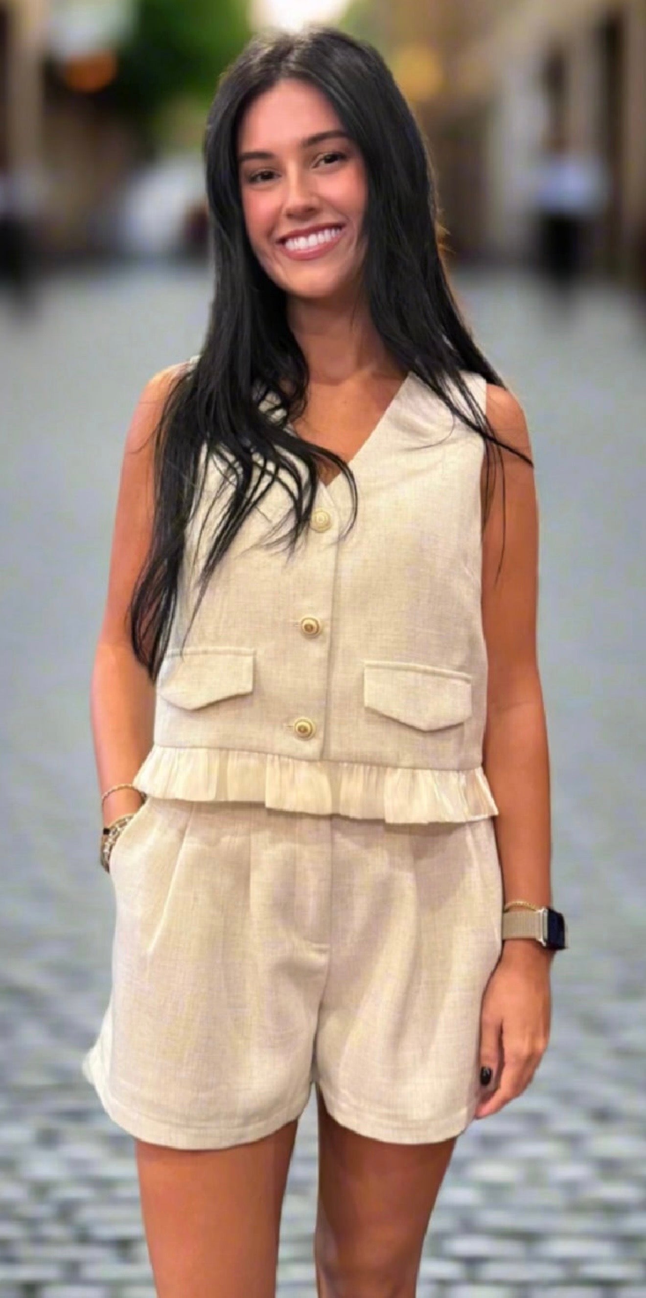 Pleated Elastic Back short/ cream
