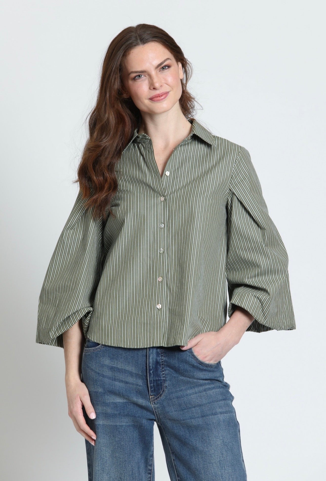 Blouson Front Button Shirt/ Olive Drift Stripe