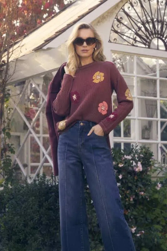 Floral sweater/ warm brown