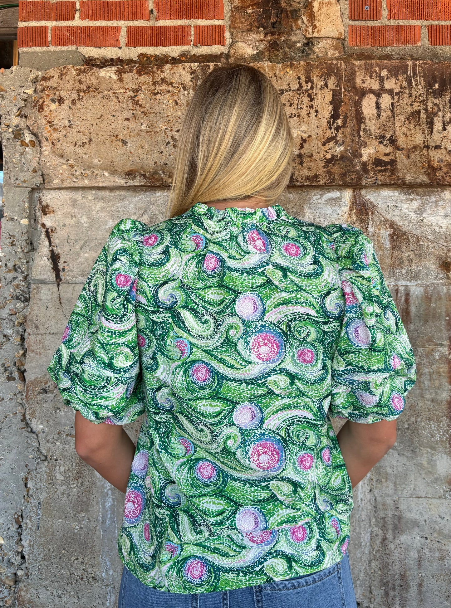 Jade Melody Tam Rollg Fields Puff Sleeve Placket Top