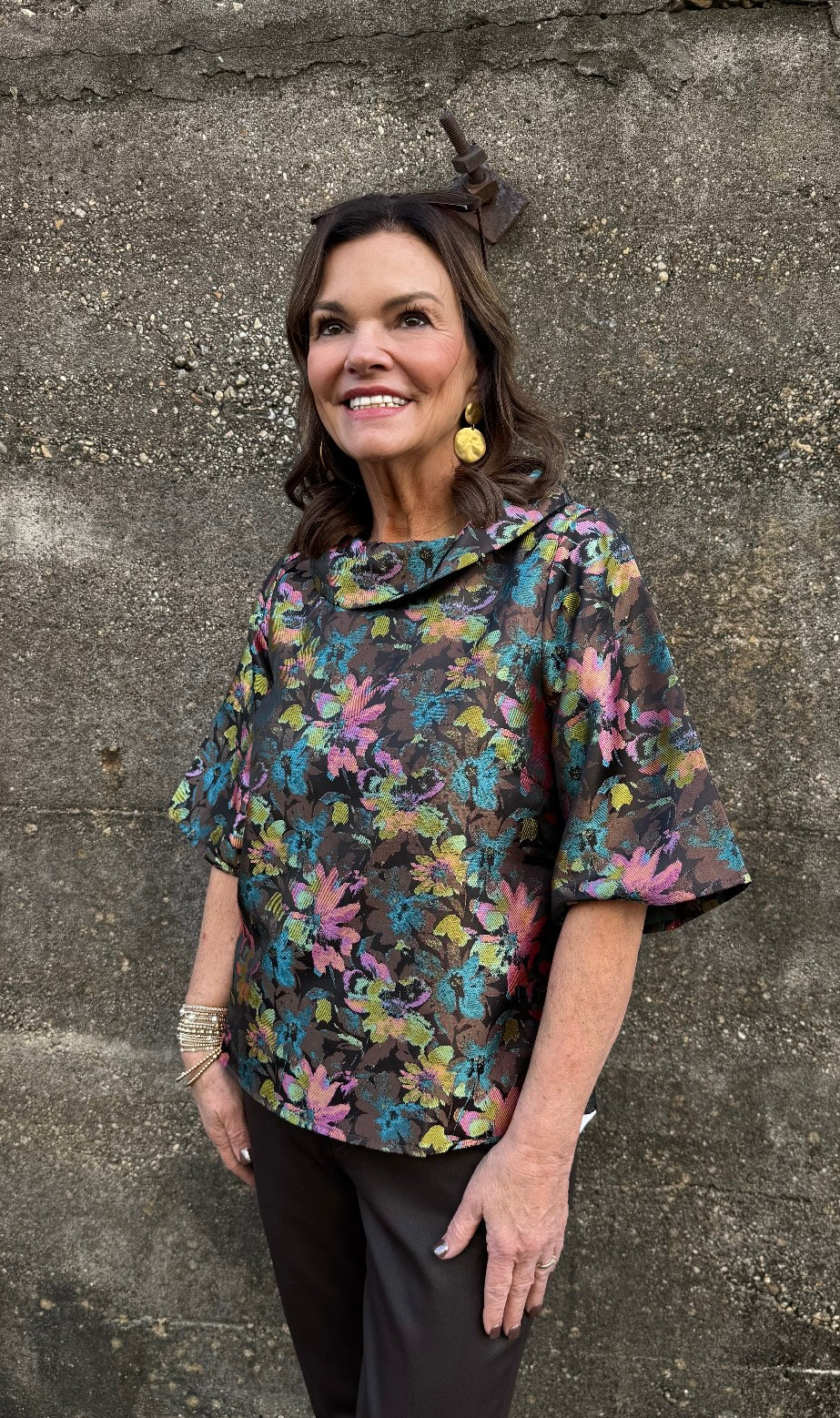 Roll Collar Top/ Vintage Floral