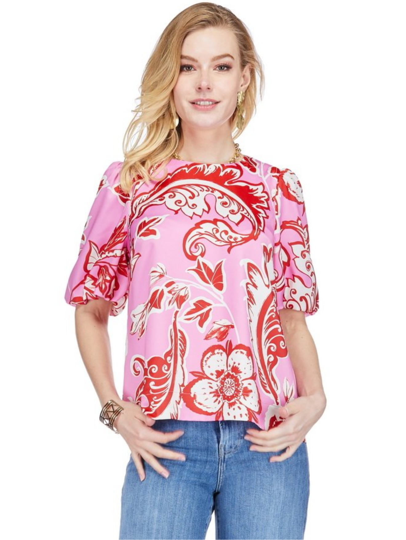 Puff sleeve top/ pink floral