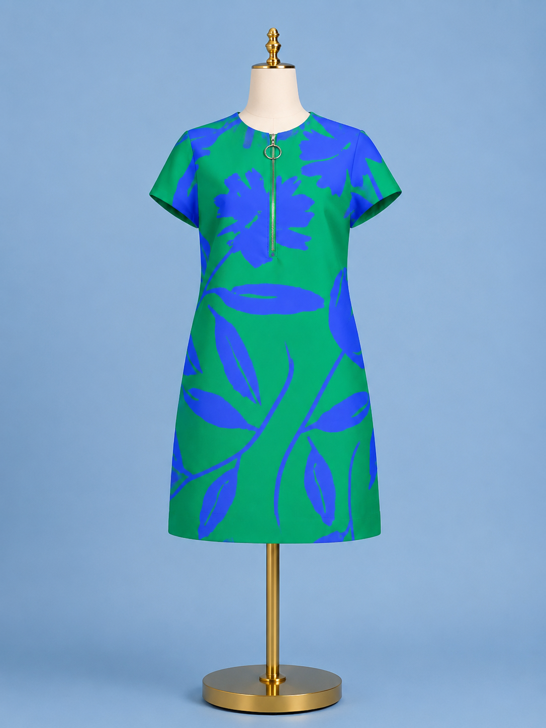 Zipper shift dress/ green floral brocade