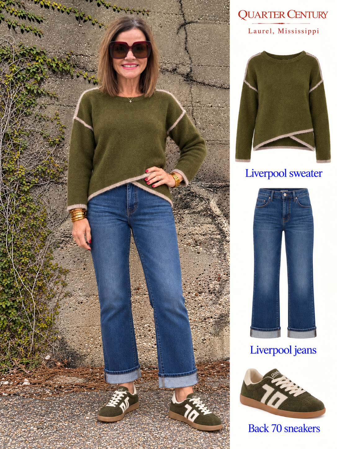 Crewneck sweater w/ cream tulip hem/ Olive