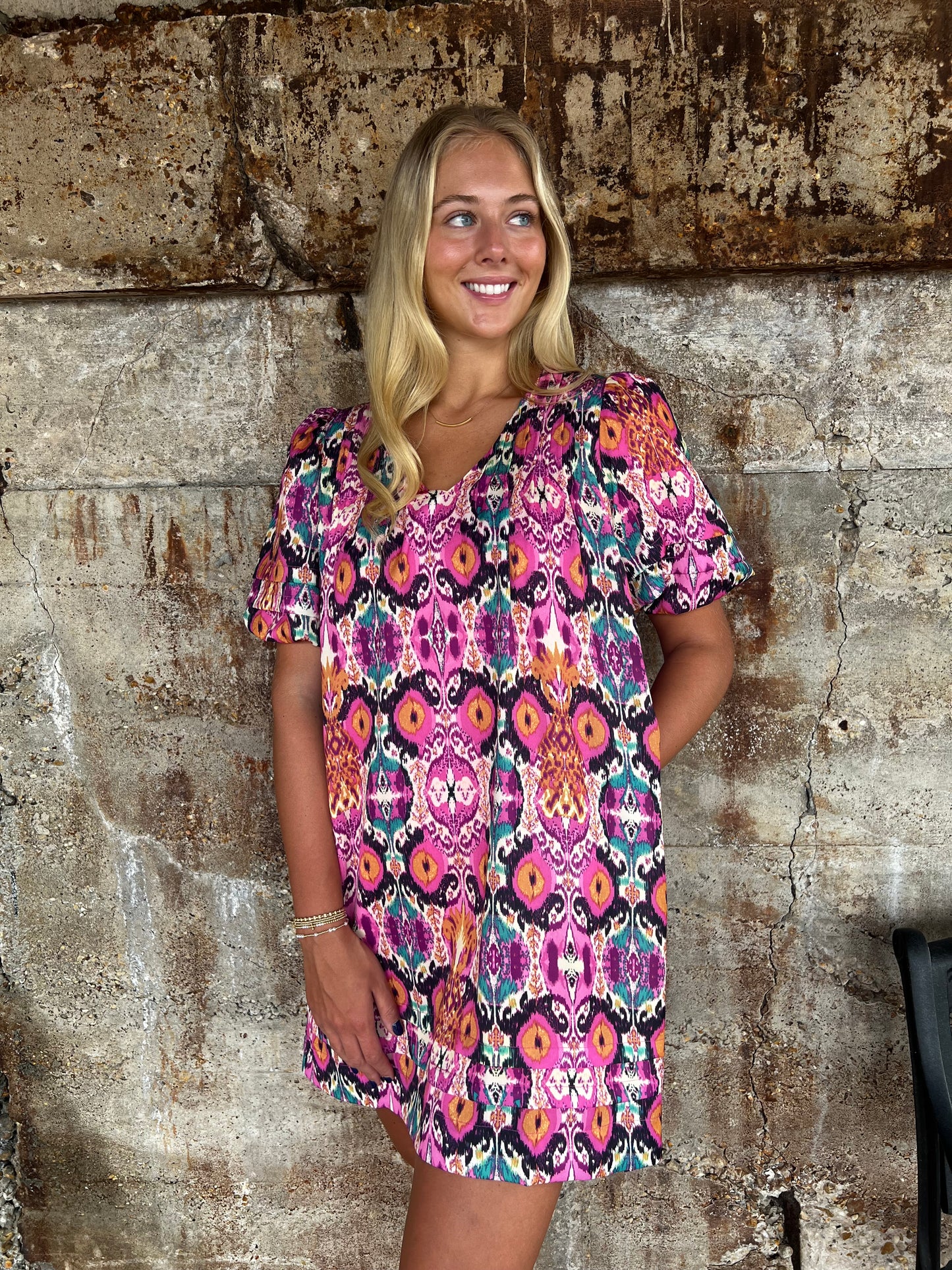 Joy Joy Magenta Pleated Puff Slv Dress
