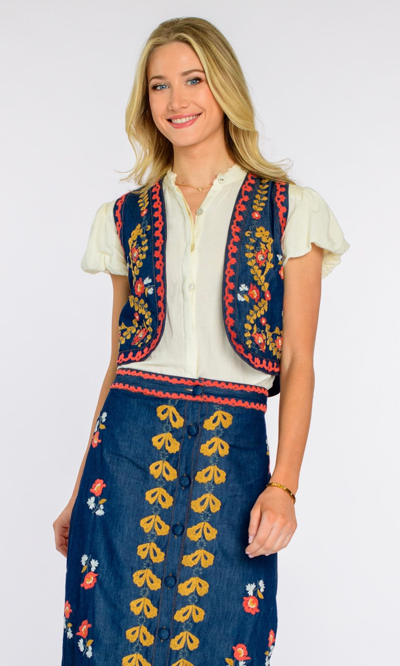 Kit Vest/ denim embroidery