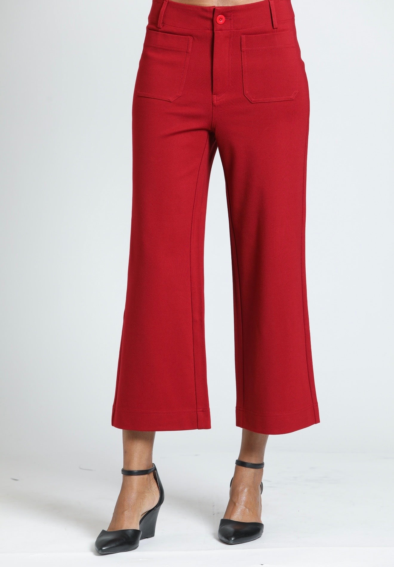 Ponte wide leg pant with patch pocket/ red velvet