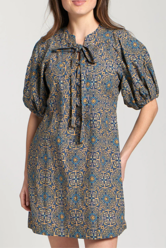 Laced up dress/ indigo multi
