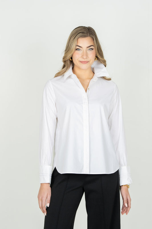 Emily McCarthy Classic Oxford white button-down shirt with smocked details on female model