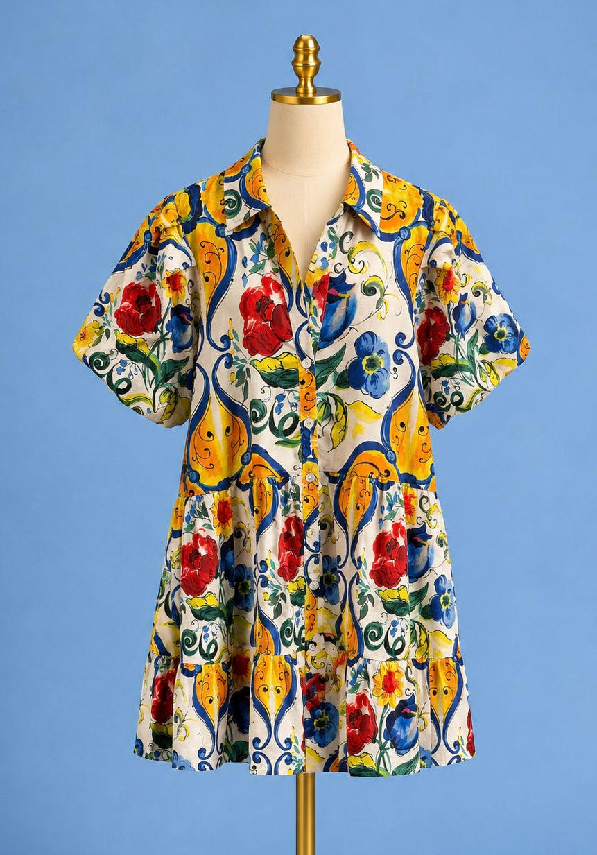 Flounce shirt Dress / floral multi