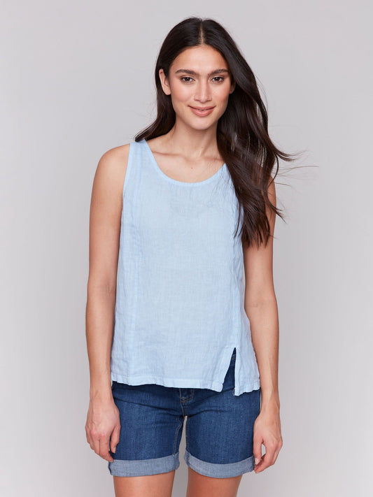 Sleeveless linen top with slit/ bluebell