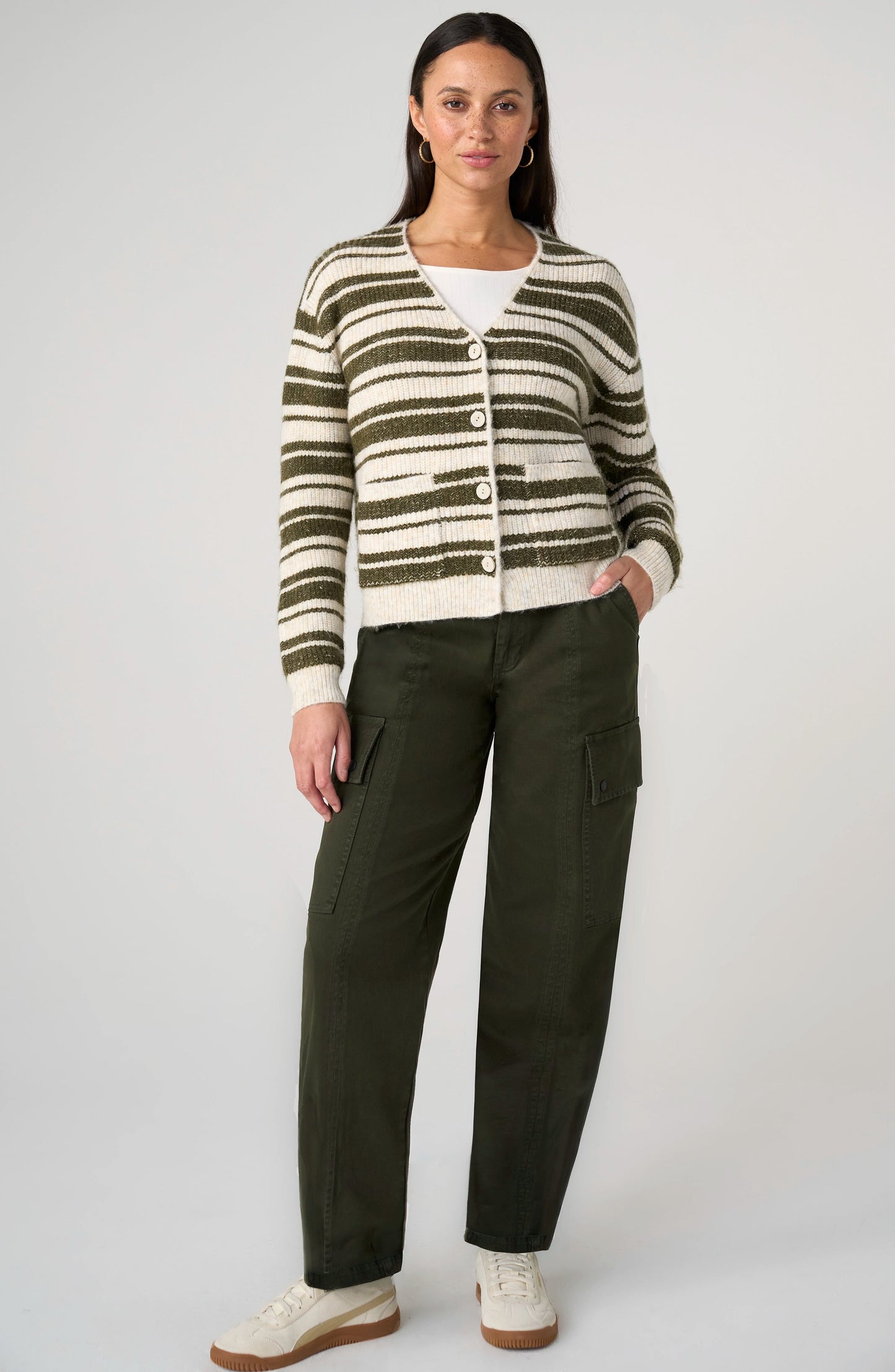 Button Front Cardigan Sweater/ oatmeal olive stripe