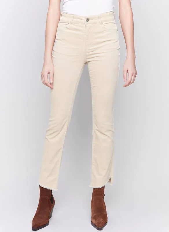 Charlie B Corduroy Asymmetrical Hem Boot cut Pant Natural