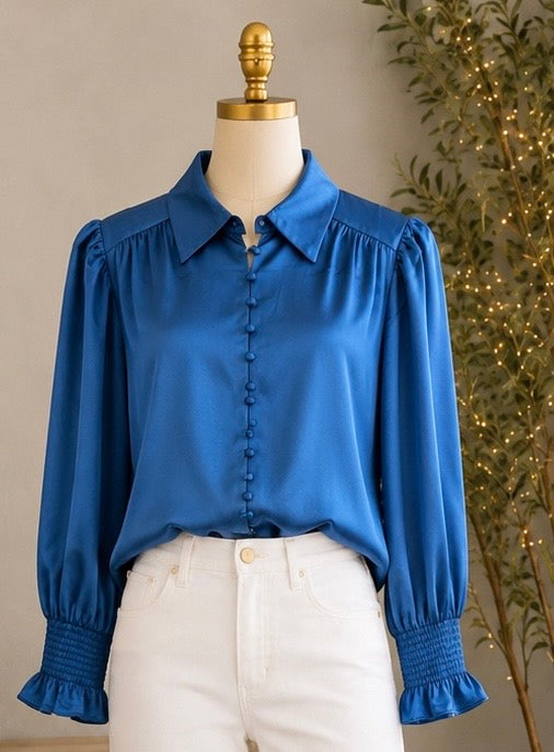 Button front blouse/ turquoise