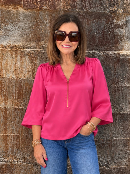V-neck Zipper Blouse/ Berry