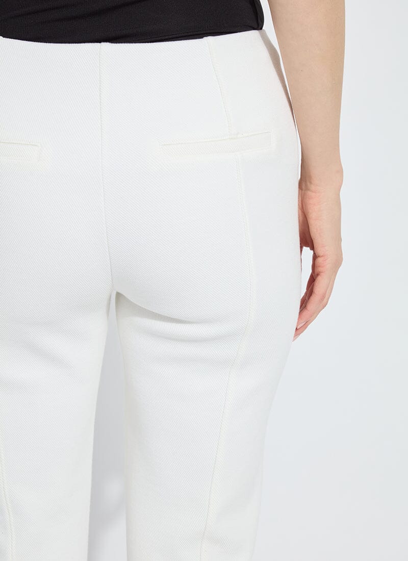 Close-up back view of Lysse Alma Hi Waist Calvary Trouser in snow white on model