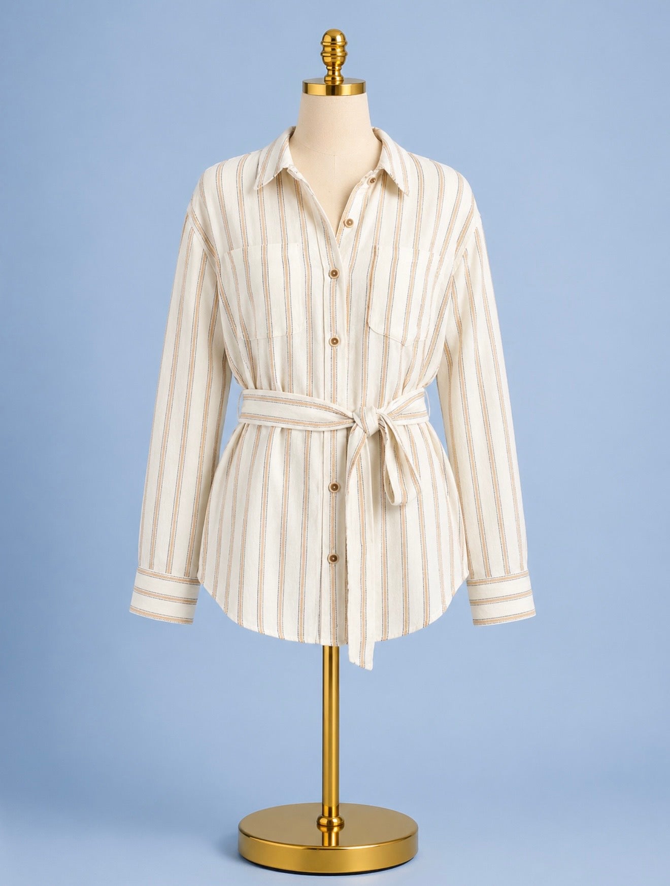 Belted Shacket/ cream/tan regency stripe