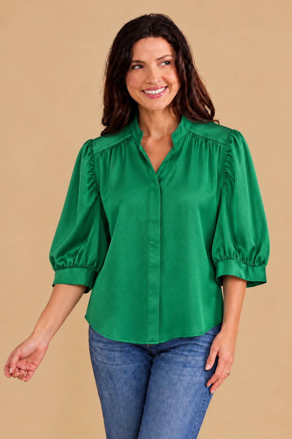 Ruched Sleeve Shirt/ green