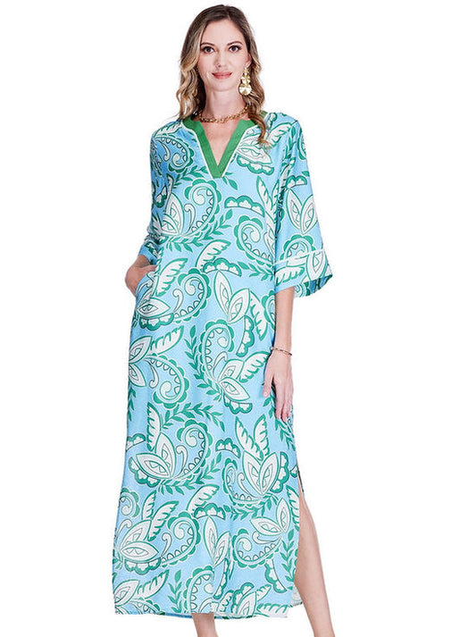 Trimmed Maxi dress/ green paisley