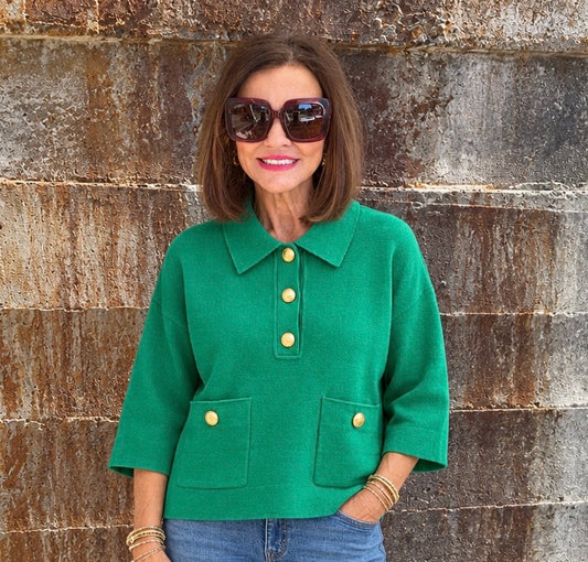 Pocket Polo Sweater/ Emerald