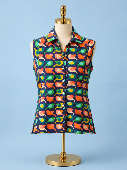 Cross-over sleeve top/ green multi