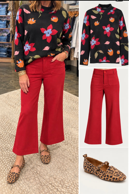Ponte wide leg pant with patch pocket/ red velvet