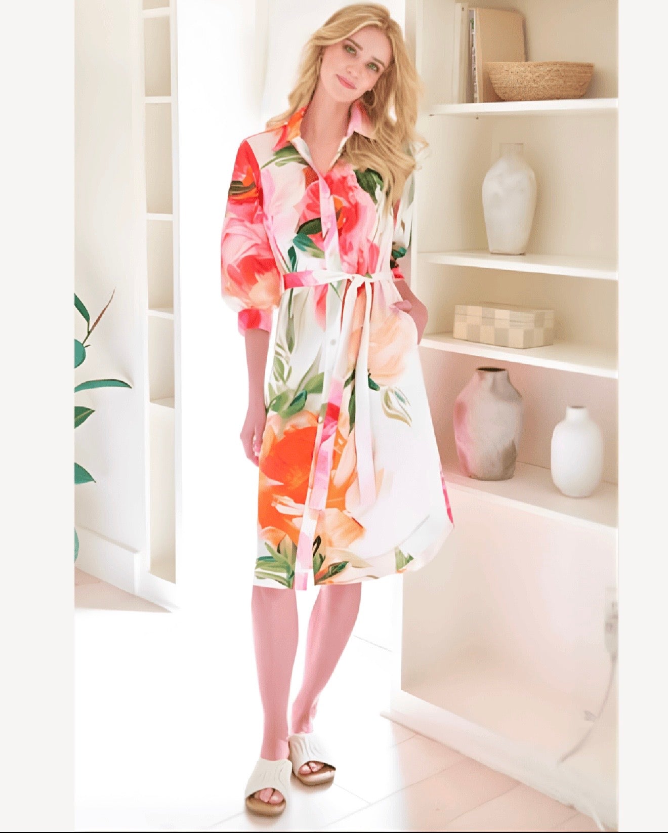 Midi Clementine Dress/ white orange pink