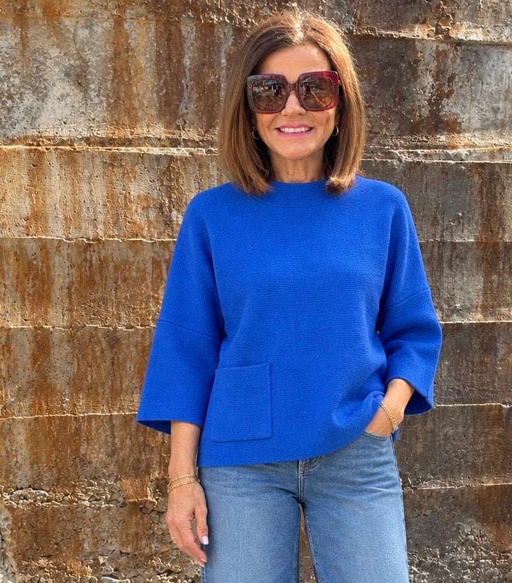 Funnel Neck Sweater with patch pocket/ Cobalt