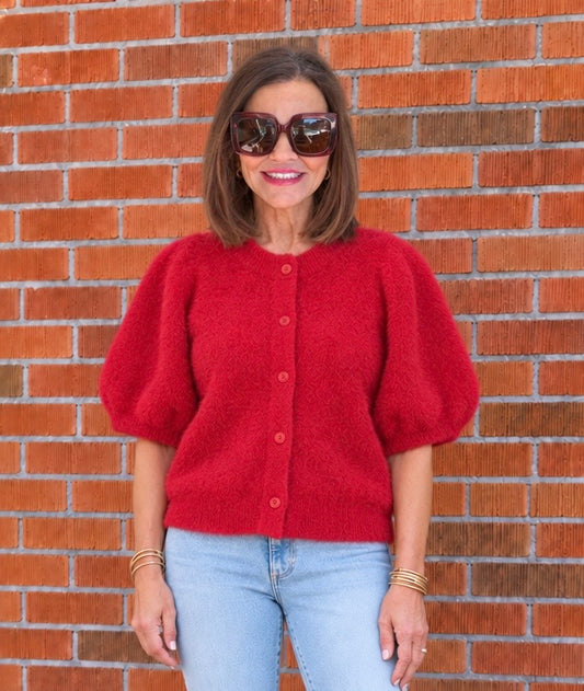 Fuzzy Short Sleeve Cardigan/ Red
