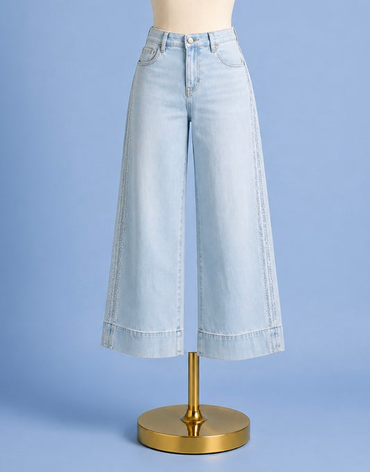 Stride Crop Wide Leg with Embroidered Side Seam/marine flowers