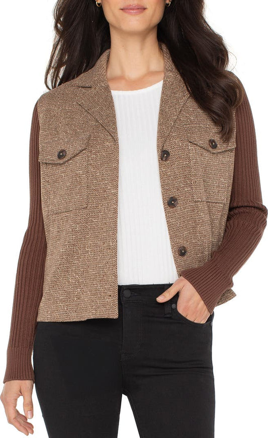 Shacket with sweater/ brown herringbone