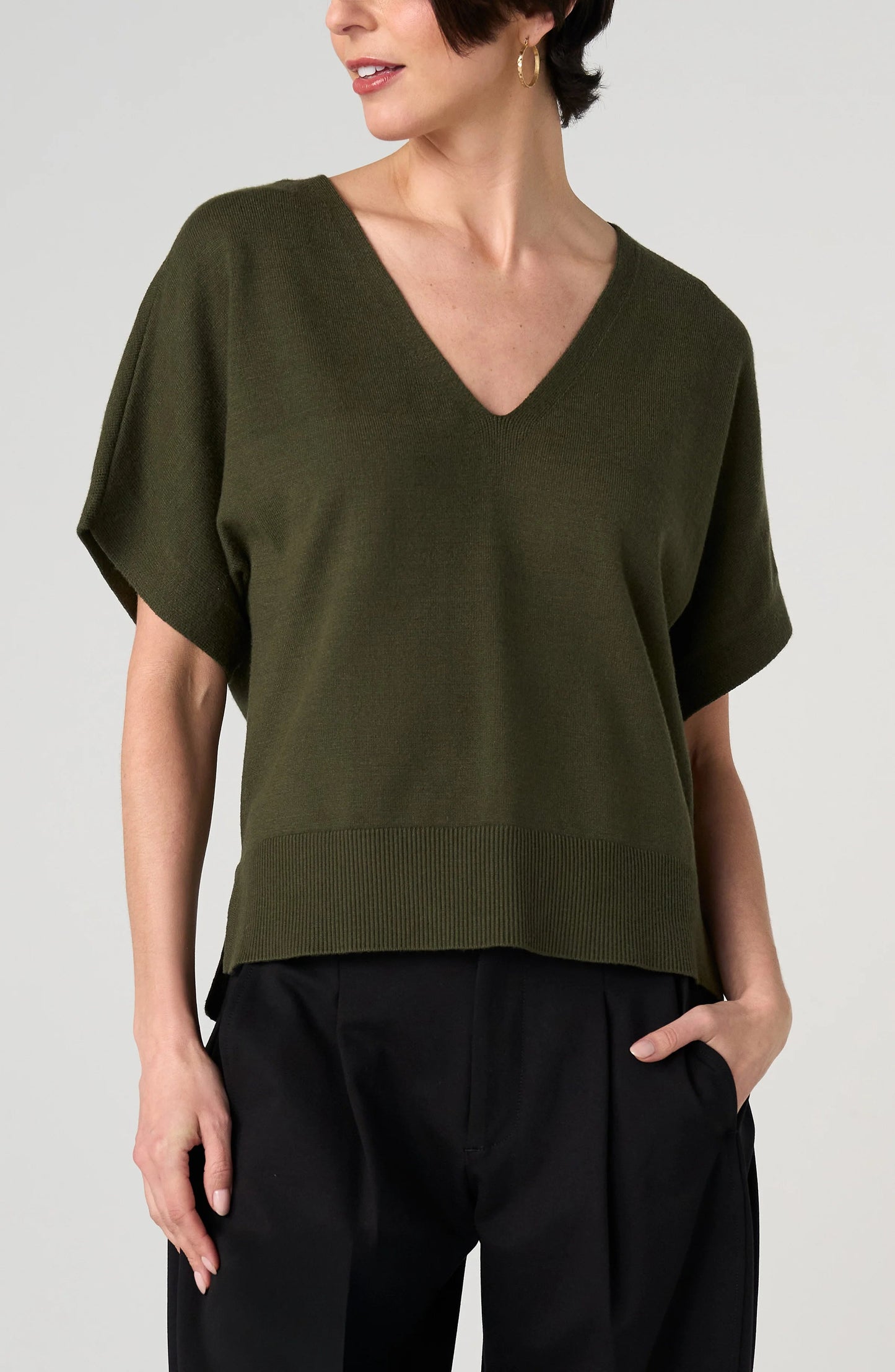 Short Sleeve V-neck Dolman Sweater Hunter Green