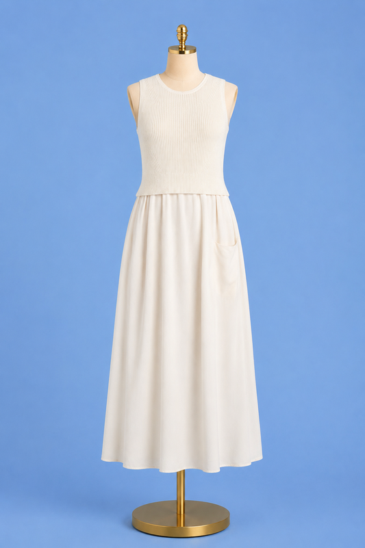 Sleeveless Crew neck tie in back dress Cream