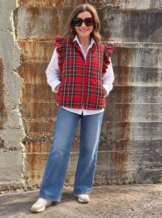 Plaid Ruffle puffer Vest