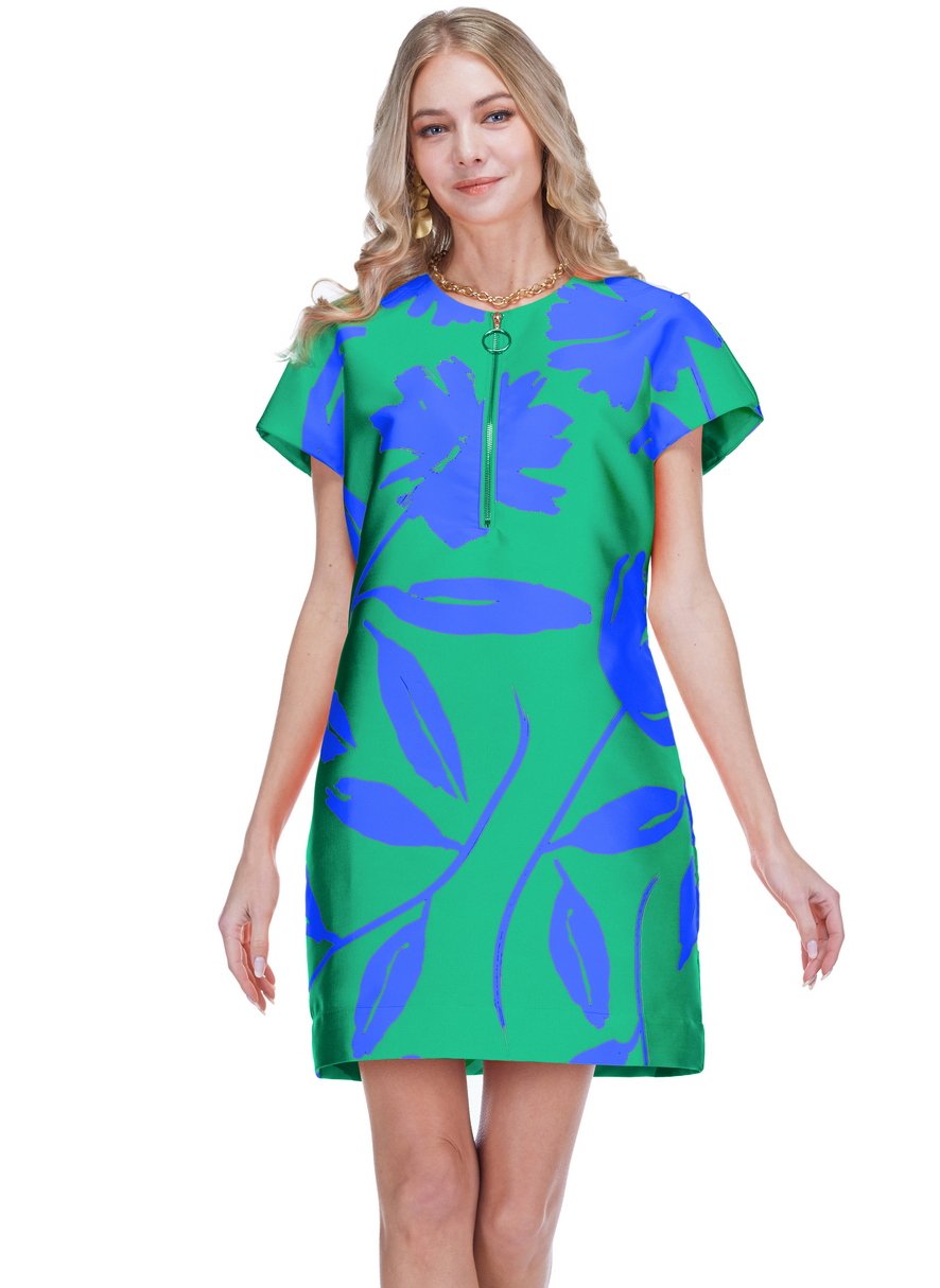 Zipper shift dress/ green floral brocade