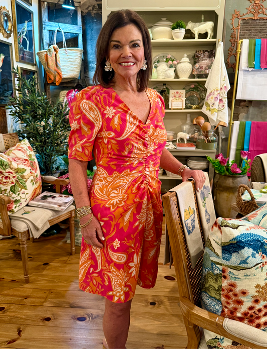 Ruched short sleeve dress/ blossom swirl
