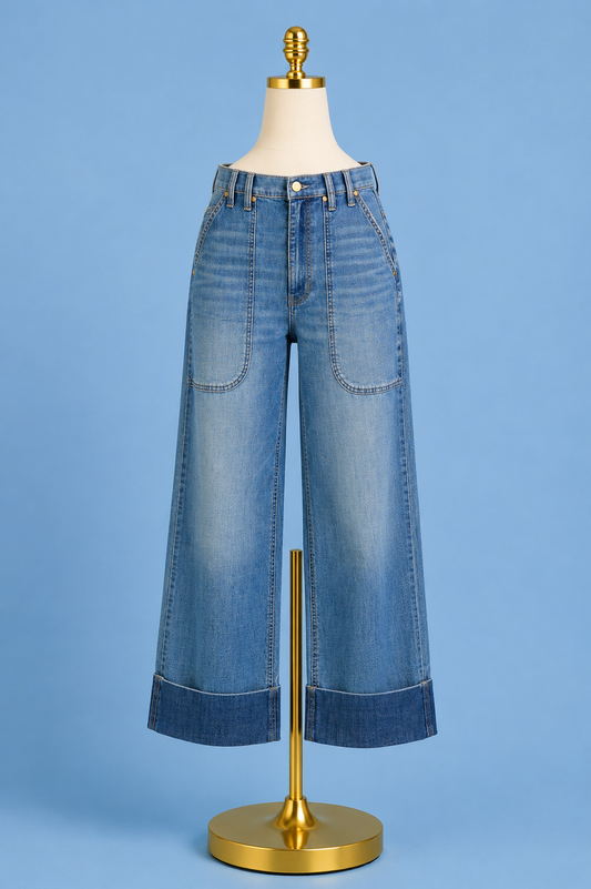High Rise relaxed straight jean with utility pockets/ dusk breeze