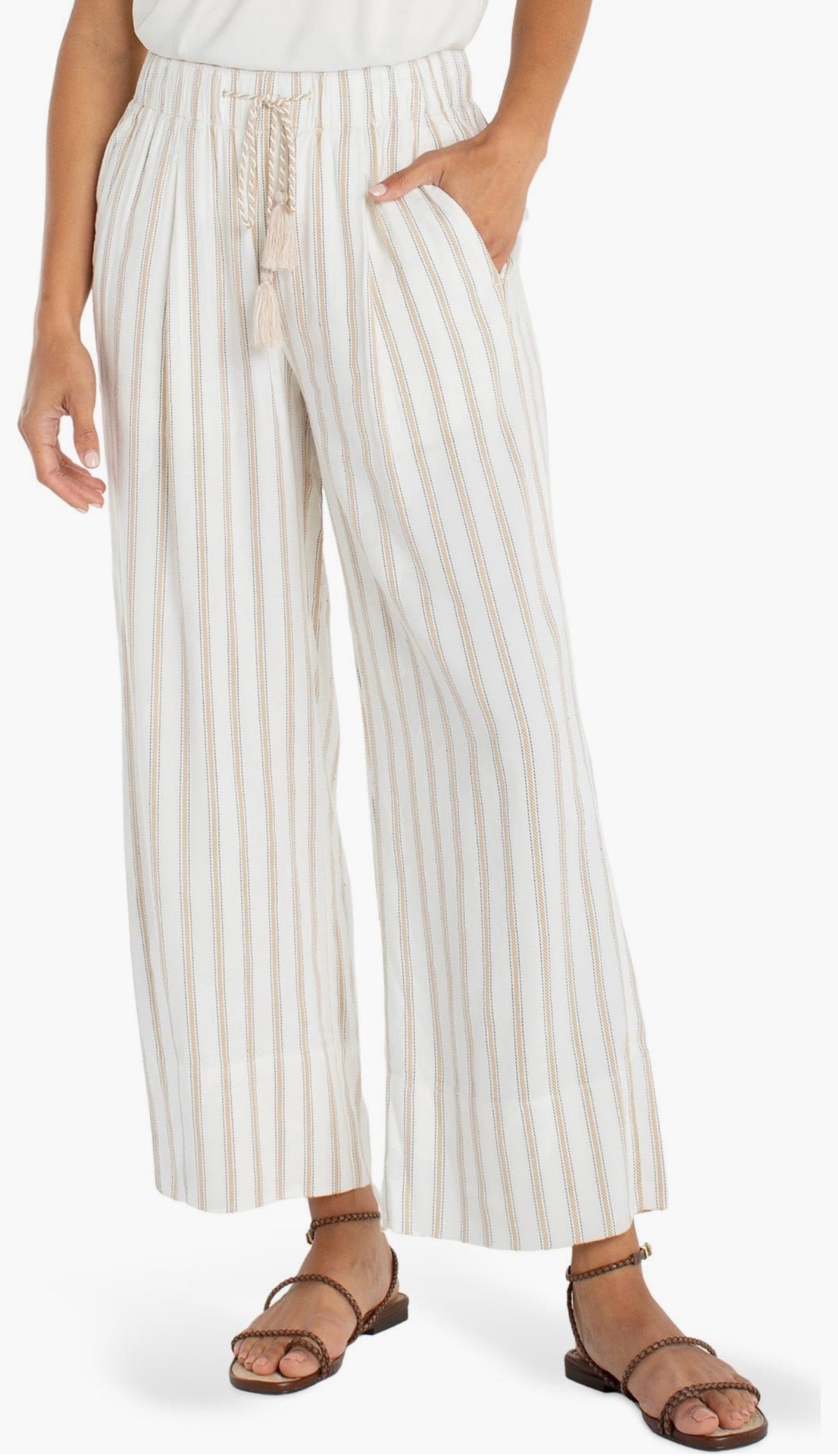 Pull on wide leg crop trouser/ cream white stripe
