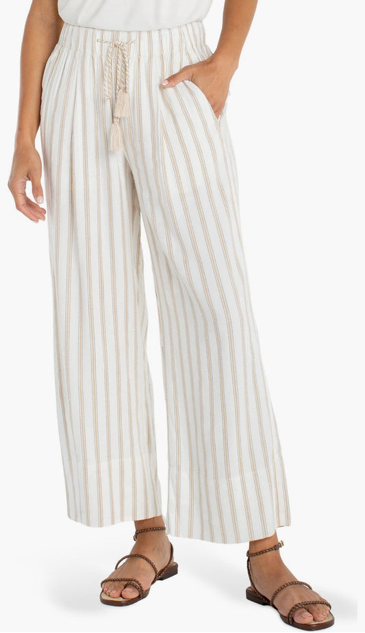 Pull on wide leg crop trouser/ cream white stripe